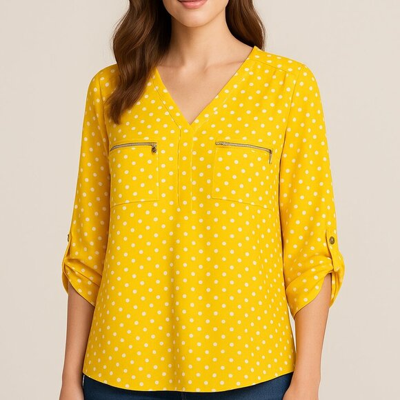 Adrienne Vittadini Yellow Polka Dot Blouse – Size XL – Gently Loved - Picture 1 of 7